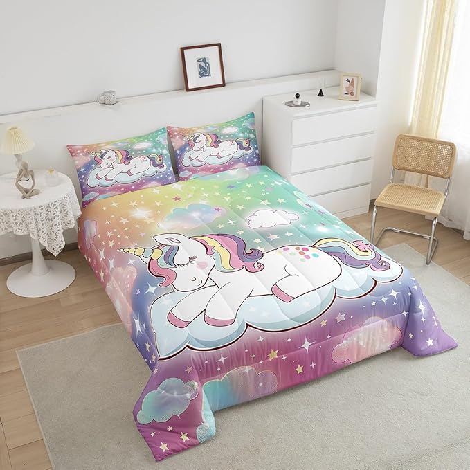 Unicorn Horse Bedding King for Girls,Kids Rainbow Unicorn Comforter Set Cartoon Cute Galaxy Unicorn Comforter for Kids Toddler Bed,Pastel Tie Dye Comforter Set Glitter Stars Quilt Duvet 3 Pcs