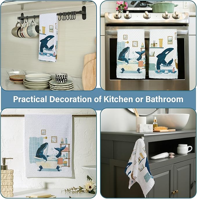 Whale Shark Decor Beach Hand Towels for Bathroom Set of 2, Nautical Bathroom Decor, Ocean Beach Themed Waffle Weave Dish Towels 18x26 Inch