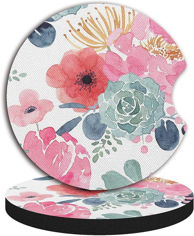 Watercolor Floral Car Coaster for Cup Holders,Car Accessories for Women,2pcs 2.75inch Universal Anti Slip Car Assecories,Car Cup Holder with A Finger Notch