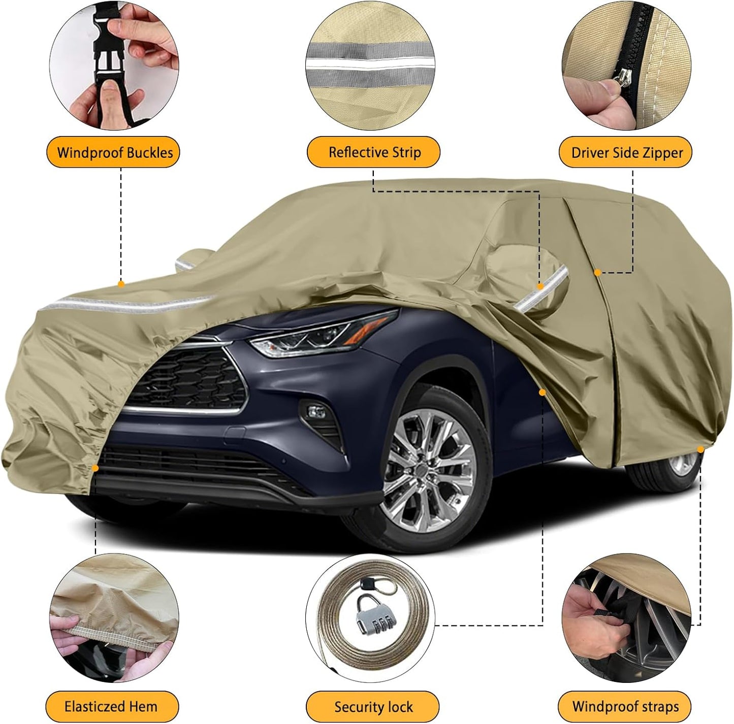 Waterproof Car Covers Replace for 2008-2025 Toyota Highlander, Multilayer Heavy Duty with Cotton Liner All Weather Car Cover with Zipper Door, Windproof Bands for Snow Rain Dust Protection