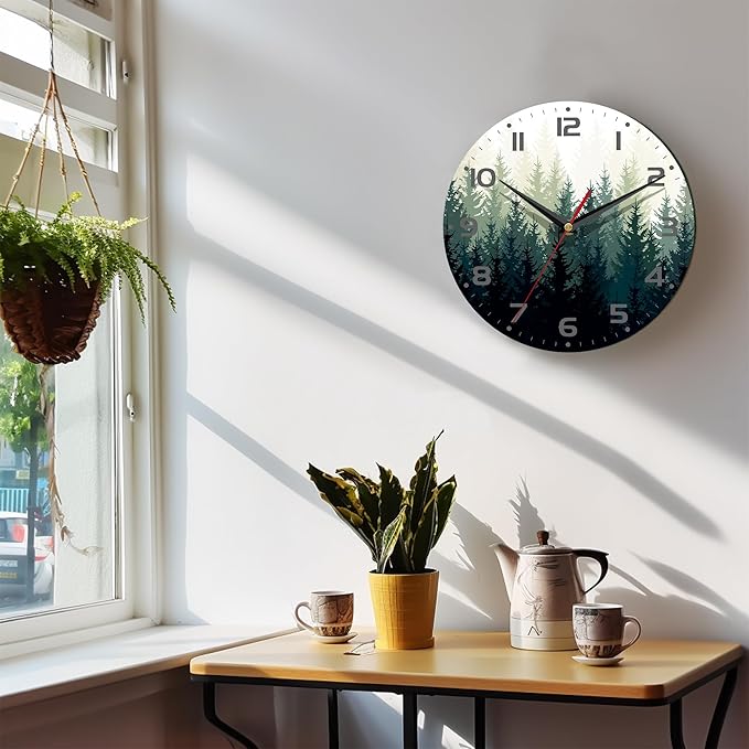 Wall Clock, 10 Inch Silent Non-Ticking Home Kitchen Decor, Battery Operated for Bathroom Bedroom Living Room Office(Misty Forest)