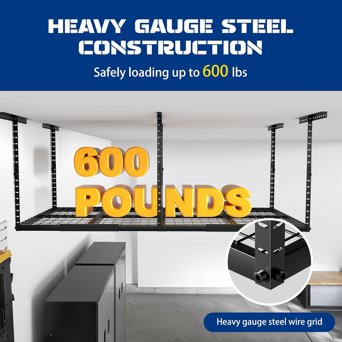 Heavy-Duty 3x8 Overhead Garage Storage Rack with Adjustable Ceiling Shelving with 600lbs Weight Capacity，22 lbs per Hook, Steel Hanging Organizer for Tools, Bins & Bikes Black