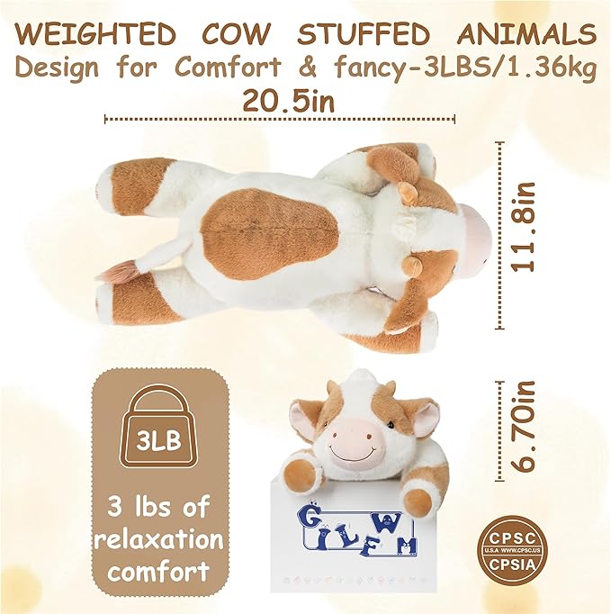Weighted Stuffed Animals Cow - 20.5" Cute Toy Pillow Plushie Gifts for Kids Boys Girls & Adults, 3 lbs Ultra-Soft Washable Plush Pillowfort
