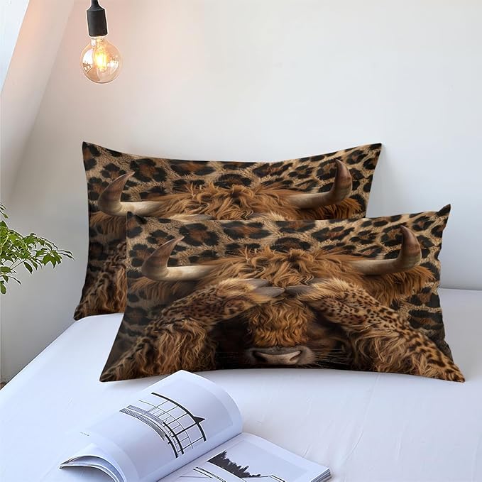 Western Highland Cow Bedding Queen Size Wild Animal Comforter Set for Kids Teens Boys Cute Highland Cattle Comforter Brown Leopard Print Comforter Sets with 2 Pillowcases