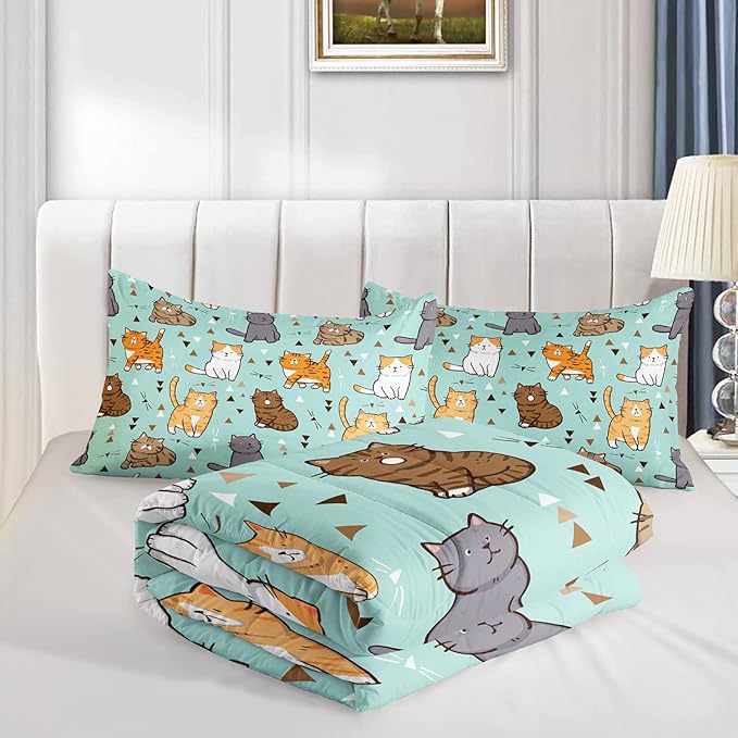 BSNTHO Cat Comforter Set for Girls Boys Cat Lover Gifts Bedding for Kids Cute Kitten Pattern Bedding Set Full Size Bedroom Decor (1 Comforter + 2 Pillowcases) Soft Lightweight
