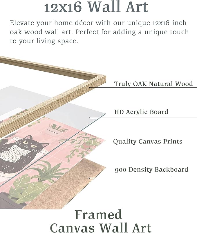 UPWOIGH Beige OAK Framed Wall Art, Black Cat Reading the Newspaper Poster, Wood Canvas Wall Decor,Animals Abstract Prints, 12"x16"High-end Pictures for Bathroom Bedroom,1 Pack