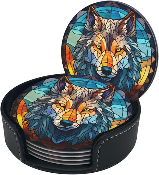 Wolf Drink Coaster Set of 6, Wolf Decor Gifts, Leather Drink Coasters with Holder, 6 Pack Cup/Bar/Drink Coasters for Table/Drinks/Coffee Protection Housewarming Gift (Wolf)