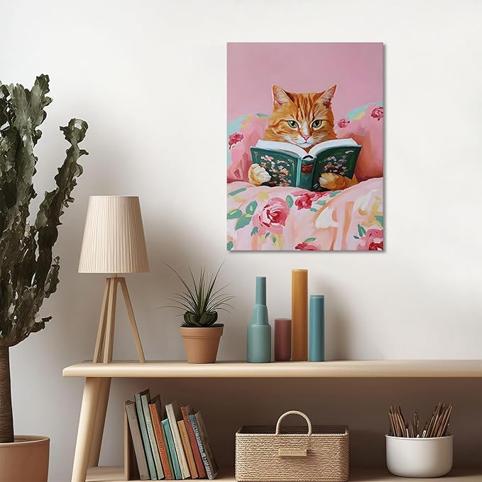 Yaneiro Framed Vintage Cats Canvas Wall Art, Funny Animal Reading Books Poster Printing Pictures, Pink Cute Cat Lovers Wall Decor for Girls Room Bedroom Kids Room Living Room Bathroom 16x24 in