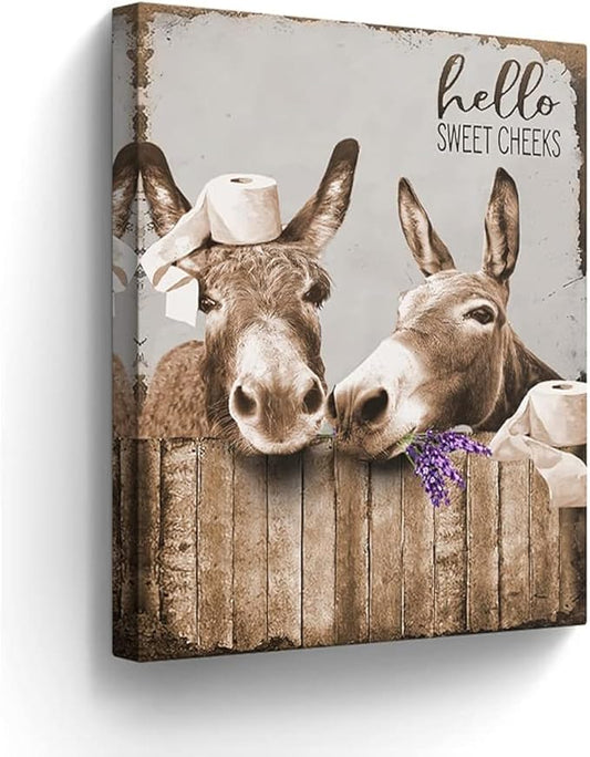 Canvas Wall Art Donkey Pictures for Bathroom Decor - Funny Farmhouse Painting Toilet Prints - Rustic Animals Artwork Framed 12"x16"