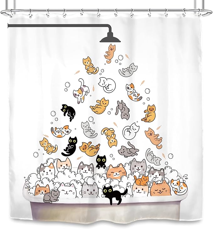 SVBright Cute Cat Shower Curtain for Kids Children 72Wx72L Inch Funny Cartoon Animal Raining Colorful Hilarious Lovely Pets Playing Water Bathroom Waterproof Polyester Fabric Bathtub 12 Pack Hooks