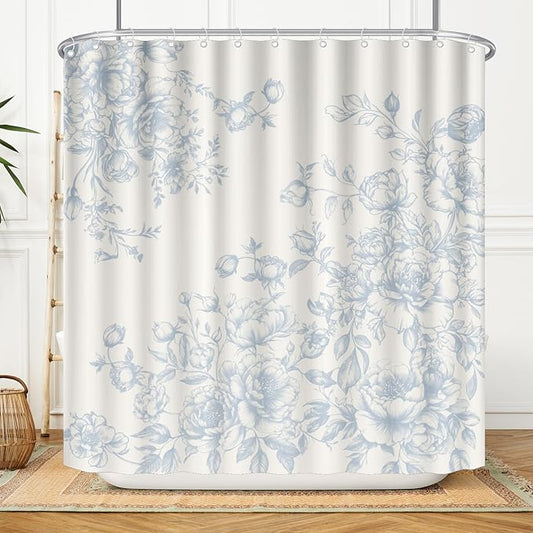 Vintage Chinoiserie Flowers Shower Curtain 72x72in Set with Hooks,Light Blue Porcelain Floral Leaves Asian Oriental Art Polyester Fabric Bathtub Bathroom Decor Bath Curtains