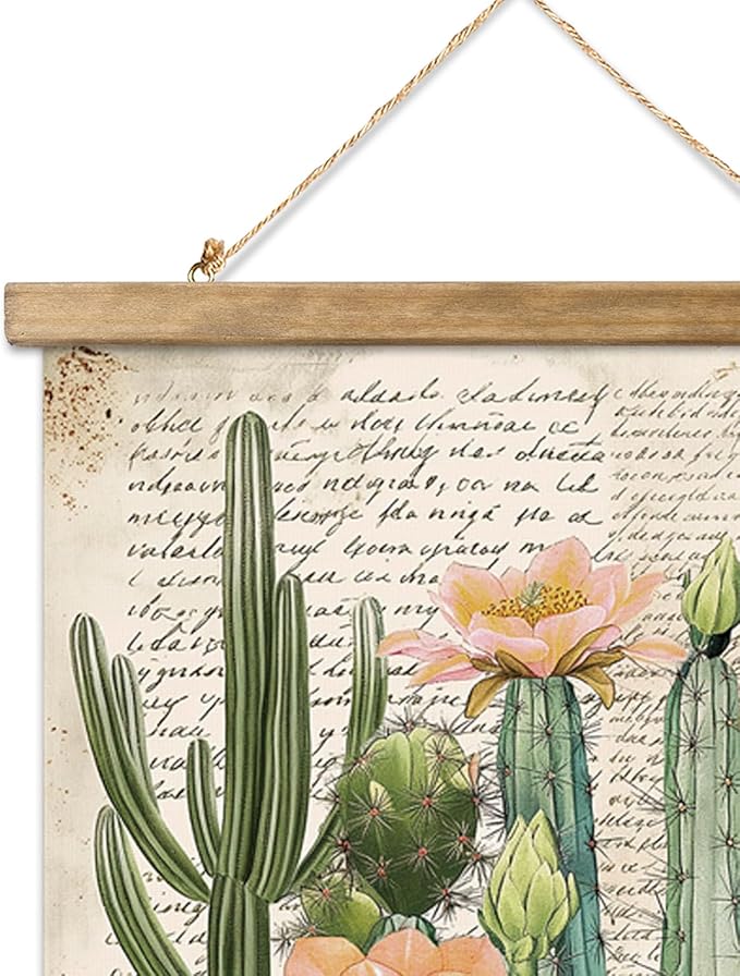 Vintage Spring Flower Poster Print, Botanical Educational Illustration, Rustic Wooden Hanger Frame, Linen Canvas Wall Art Decor, Farmhouse Cottagecore Style for Living Room Bedroom Office (16" x 23")