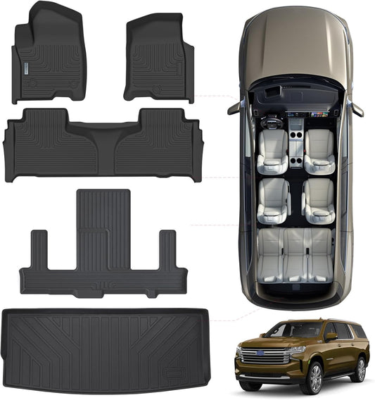 Floor Mats & Trunk Mat for Chevrolet Tahoe 2021-2024 2025-2nd Row Bucket Seat(7 Seats Version) &GMC Yukon（Not Fit XL,TPE All Weather Protection Car Floor Liners for Chevy Tahoe