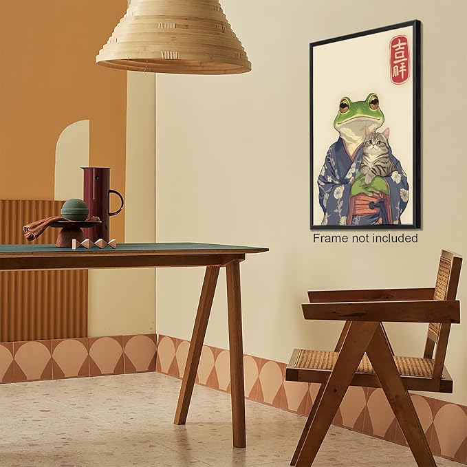 Vintage Japanese Frog & Cat Poster,Funny Anime-Inspired Kimono Frog Wall Art,Aesthetic Japanese Home Décor,Cute Print for Bedroom, Living Room Or Bathroom 24x36 in Unframed