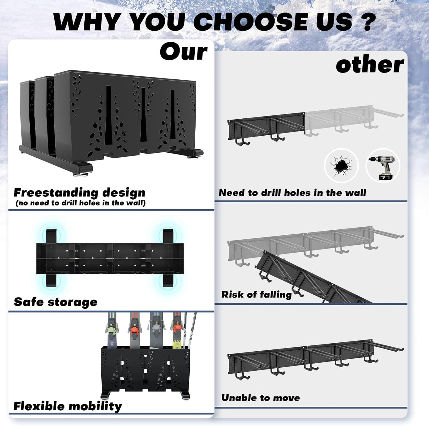 Heavy Duty Metal Ski Storage Rack, 12 Pair Freestanding Steel Ski Holder, Floor Stand Ski Organizer Rack, Snowboard Floor Stand Organizer for Garage and Home