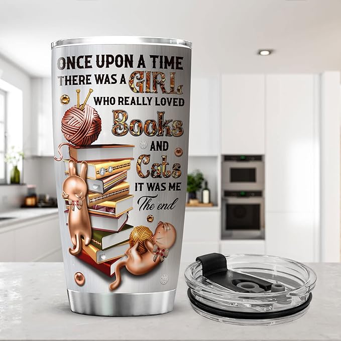 ZOXIX Stainless Steel Cat Lover's Tumbler, 20 oz, Insulated Coffee Mug with Lid, Bookish Reading Gift for Girls