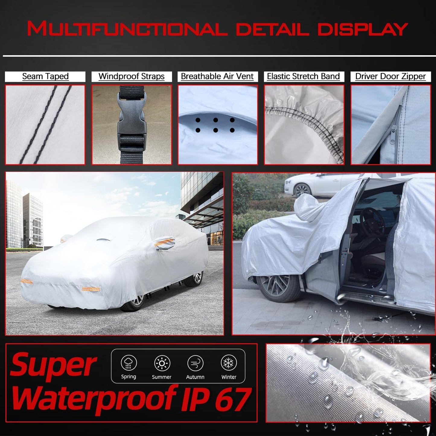 30 Layers Heavy Duty Car Cover for Automobiles All Weather Waterproof, Outdoor Snowproof UV Protection Windproof, Door Zipper, Soft Cotton Universal Car Covers (Silver, Fit Sedans 171"-180")