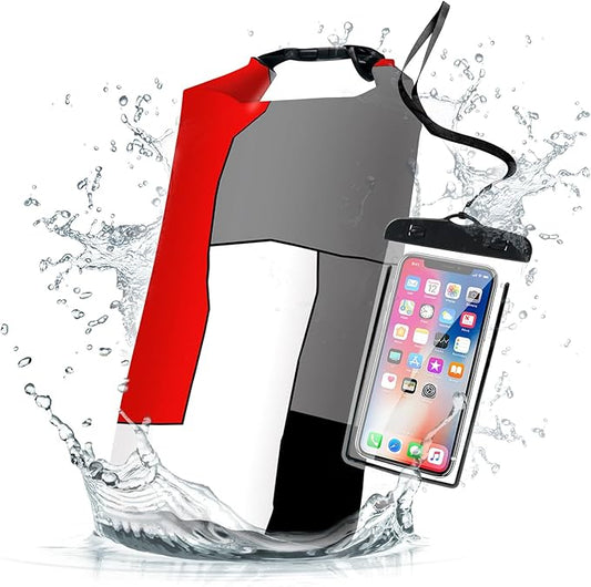 Waterproof Dry Bag Backpack, 5L/10L/20L, Red and Black Geometric, Floating, Lightweight, IPX8 Certified Waterproof Phone Case Included