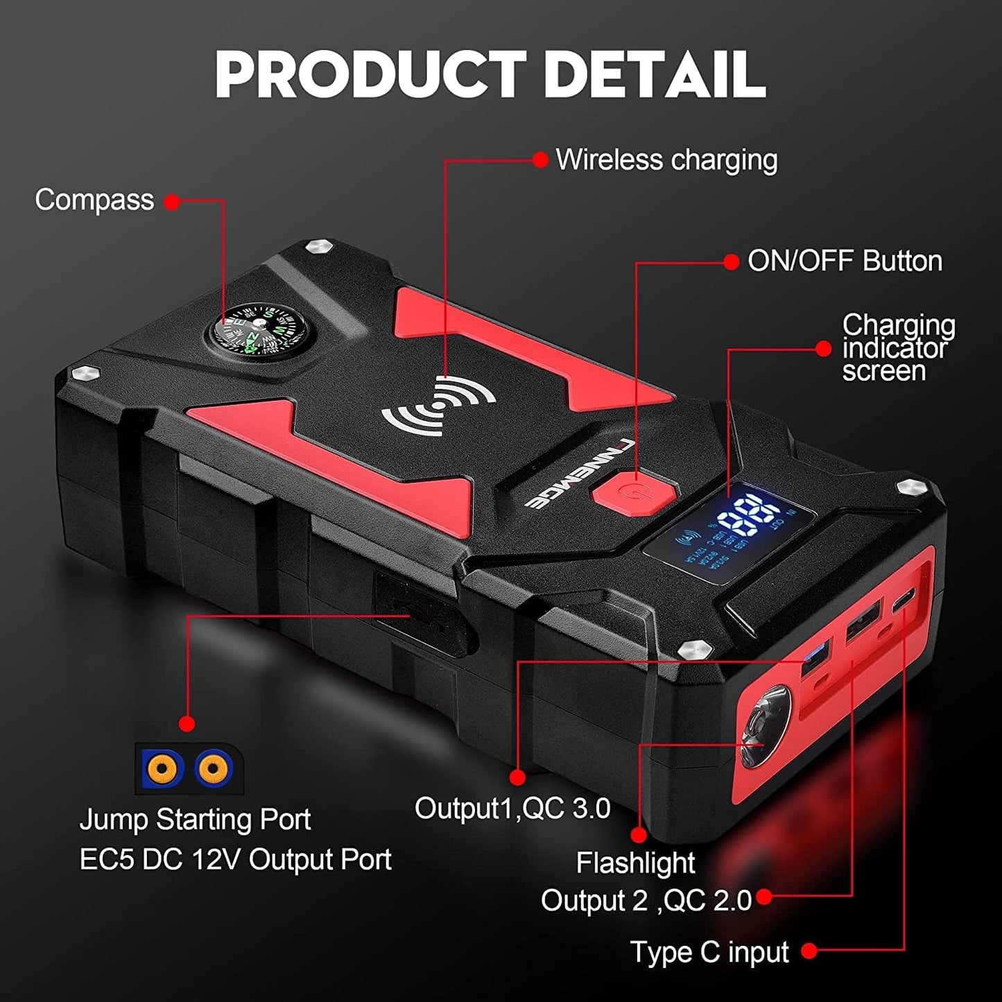 Car Jump Starter, 6000A Peak 26800mAh 12V Car Battery Starter(Up to All Gas, 10.0L Diesel Engine), with USB Quick Charge 3.0,LED Light,12V EC-5 Output.