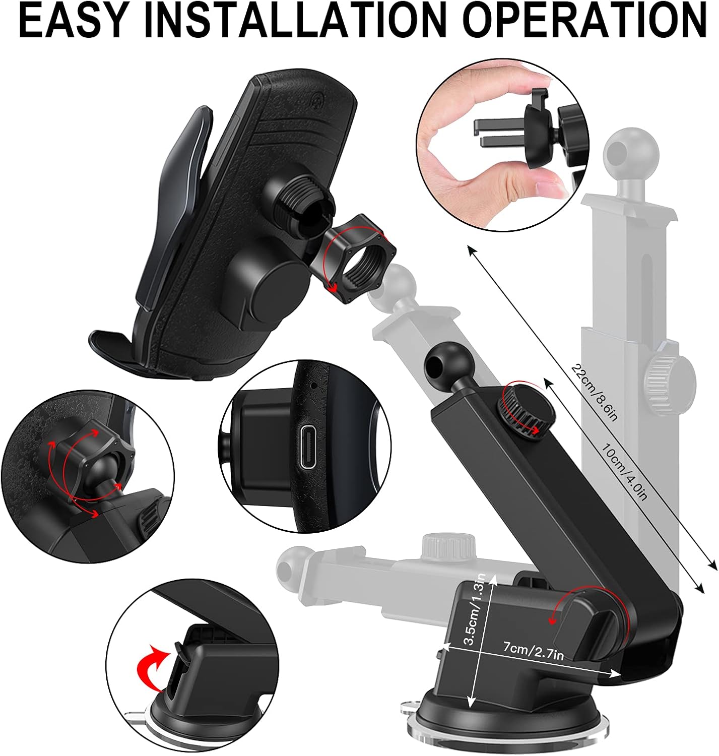 Wireless Car Charger Mount, 15W Qi Fast Charging Auto-Clamping Cell Phone Car Holder Air Vent Windshield Dashboard Long Arm Suction Cup Car Phone Mount for iPhone13 /12/11 Samsung S20/S10/S9/S8 LG