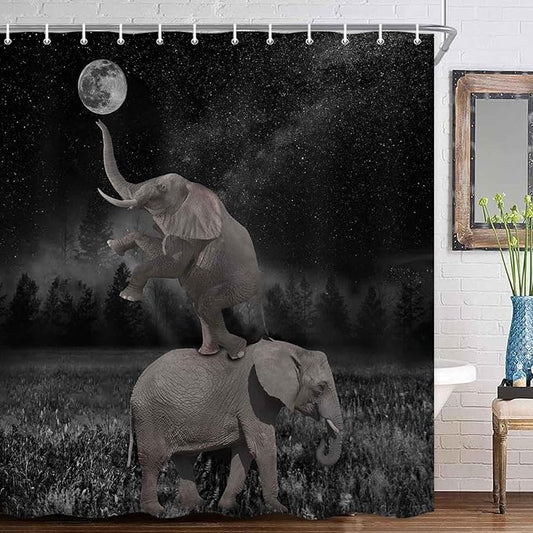 Boziqr Funny Shower Curtains for Bathroom, Cute Elephant Moon Forest Bath Curtain, Rustic Farmhouse Decor Polyester Fabric Fun Cool Animals Black 70 x 78 Inches