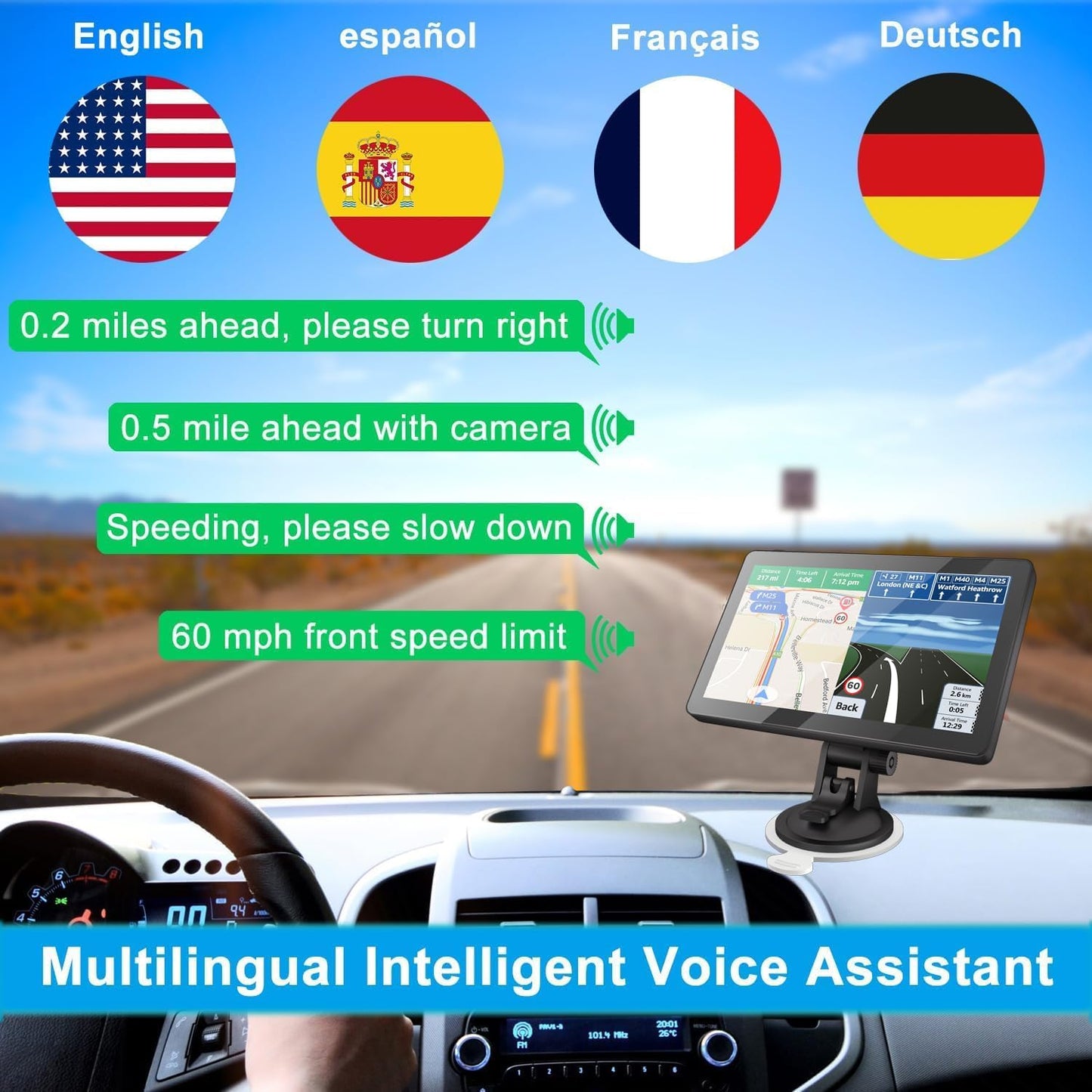 GPS Navigator for Car Truck RV, 9 inch Touch Screen Latest 2025 Map, Real Voice Spoken Turn-by-Turn Direction Reminding Navigation System for Cars, Vehicle GPS with Speed and Red Light Warning, FM