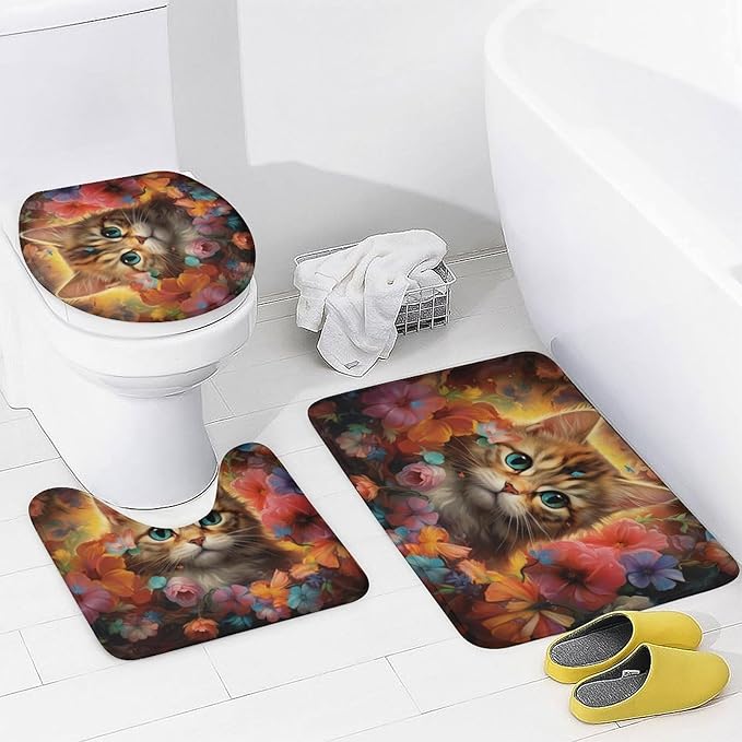 4Pcs Colorful Cat Shower Curtain Sets with Non-Slip Rugs, Toilet Lid Cover and U Shape Bath Mat, Gorgeous Floral Animal Abstract Bathroom Sets Waterproof Shower Curtains with 12 Hooks