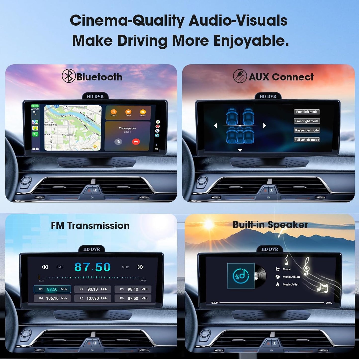 9.26" Wireless CarPlay & Android Auto Screen for Car, 10 Inch Portable Car Stereo with 1080P Dash Cam Front and Rear, Backup Camera, Bluetooth, GPS Navigation, FM Transmitter, Plug and Play