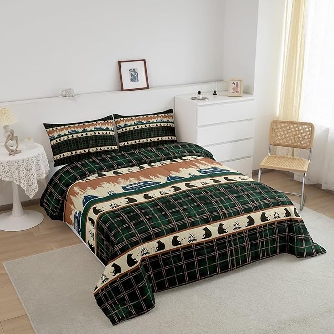 Camping Comforter Set for Teens Camper Bedding Camper Accessories for Travel Trailers,Rustic Farm Style Tree Comforter Sets Green Plaid Lattice Duvet Insert with 1 Pillowcase Bedroom Decor,Twin