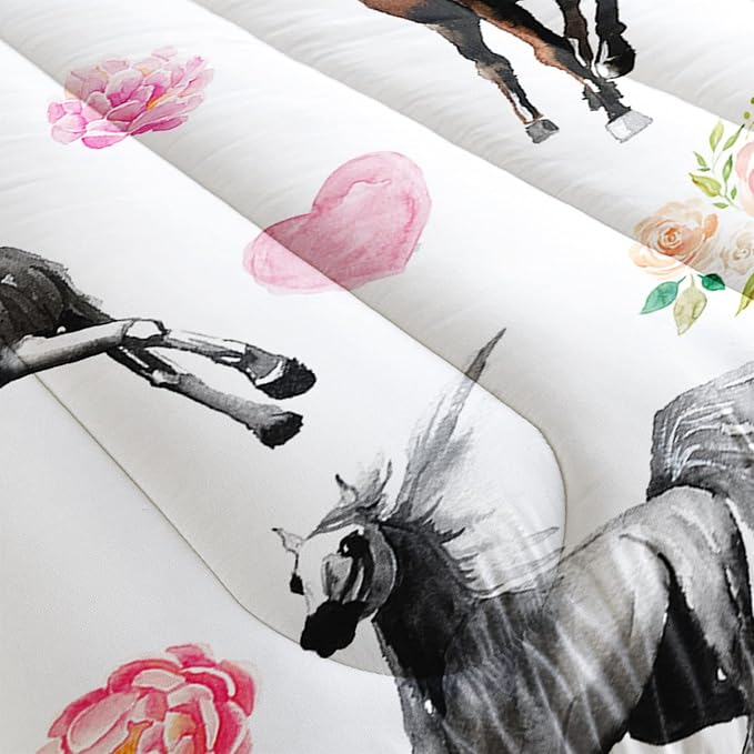 Watercolor Horse Comforter Bedding Set for Boys Girls Kids Teens,Watercolor Painting Horse and Rose Print,Light Color Comforter with 2 Pillowcases(Horse Floral Twin)