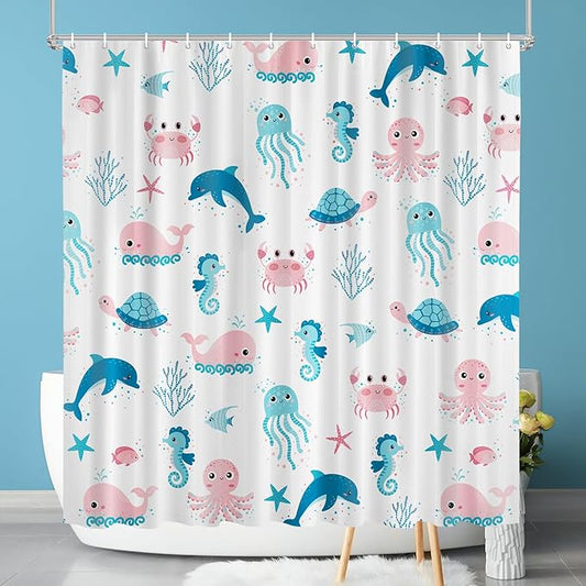 Vimorco Sea Turtle Shower Curtain, Dolphin Shower Curtains for Bathroom, Waterproof Quick-Dry Polyester Fabric White Shower Curtain, Ocean Animals Octopus Whale Bath Curtain Bathroom Decor, 12 Hooks