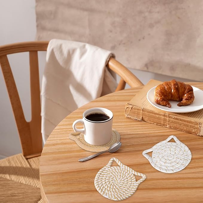 Whaline Cat Ear Coasters Set Brown White Handmade Braided Cotton Coasters Non-Slip Absorbent Drink Coasters with Holder for Table Protection Housewarming Gift Home Decor, 4Pcs