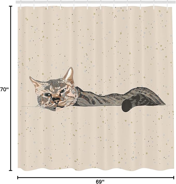 Ambesonne Cat Shower Curtain, Lazy Sleepy Cat in Earth Tones Furry Mascot Indoor Pet Art Illustration, Cloth Fabric Bathroom Decor Set with Hooks, 69" W x 70" L, Grey Beige