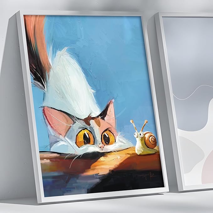 TimAsh Unframed Funny Cat Wall Art Cat Staring at Snail Canvas Wall Decor Cartoon Cute Kitten Poster Painting Prints for Bedroom Bathroom Living Room 16'' x 12''