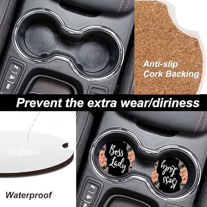 Boss Lady Floral Absorbent Car Coasters,Floral Design Decorative Ceramic Cup Holders Coasters with a Finger Notch for Women Men 2.56"(2 Pieces)