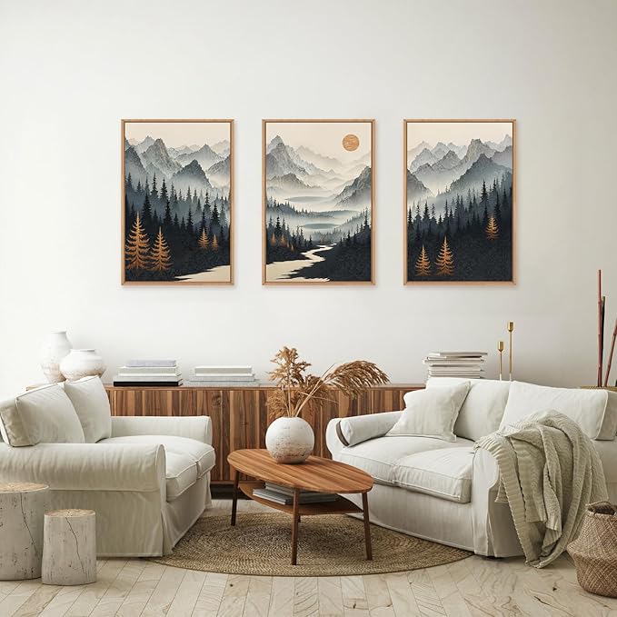 Watercolor Misty Forest Framed Canvas Wall Art Set, Foggy Mountain Wall Decor, Misty Pine Tree Wall Painting, Large Nature Landscape Art Prints for Living Room, Bedroom, Office - 16"X24"X3