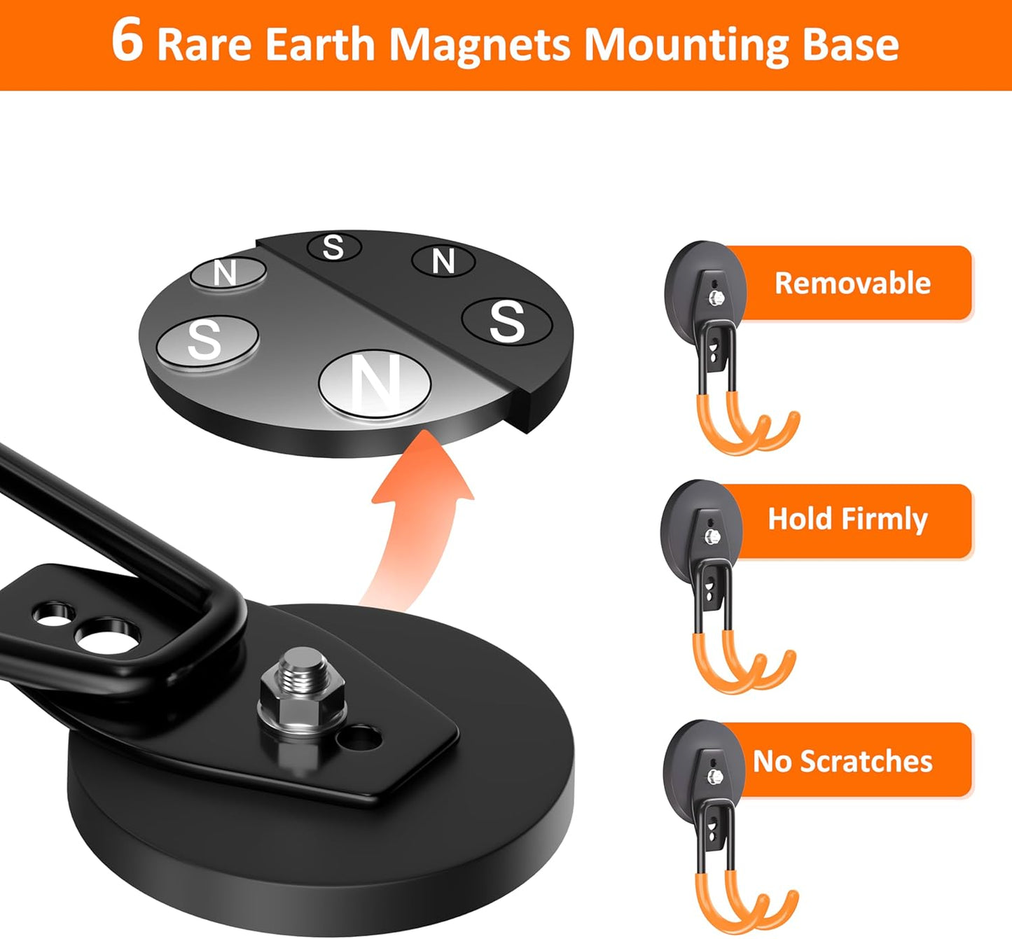 ENUODA Strong Magnetic Hooks Heavy Duty - Garage Hooks Rare Earth Magnet Hook for Hanging Garden Tools, Drill, Hose, Broom, Cabinet, Tool Chest, Van, Container, Pegboard, 4 PCS