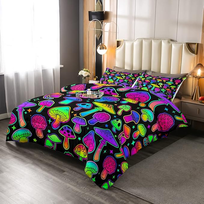 Boys Cute Mushroom Bedding Sets Full Size,Teen Girls Purple Black Hippie Mushrooms Comforter Set Kids Colorful Stars Botanical Bed Comforter Set Wild Plant Bedding Quilt Teal 2 Pillow Cases