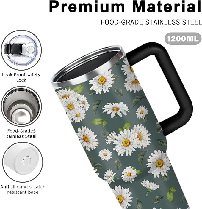 White Daisies Tumbler with Handlea 40oz, Daisy Aesthetic Gifts Flowers Stainless Steel Coffee Cup, Double Wall Vacuum Insulated Travel Mug, Christmas Birthday Gifts for Women Friend Sister Her