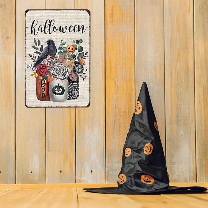Vintage Decor Gift Halloween Flower Crow Pumpkin Mason Jar Tin Sign for Home Bedroom Living Room Wall Decor 8 X 12 Inch (3133)