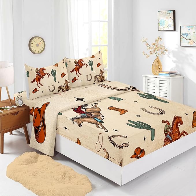 Western Cowboy Horse Sheet 4Pcs Queen Wrangler Cactus Bedding Set for Teen Girl Boy Adult Horseshoe Riding Boots Bed Decor Brown Vintage Sheet with 1 Flat Sheet and 1 Fitted Sheet+2 Pillowcases