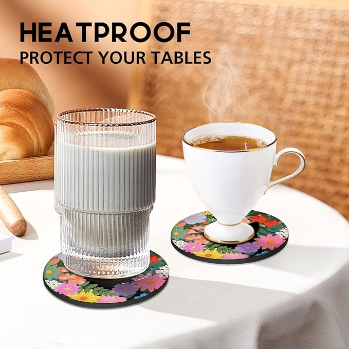 Swooflia Coasters for Drinks Coffee Table, Flower Black Cat Cute Colorful Silicone Absorbent Cup Coaster Set Housewarming Kitchen Home Wooden Desk Office Bar Tabletop Decor 6 Pack
