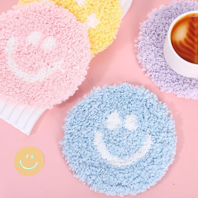 Whaline 4Pcs Smile Face Tufted Coasters Cute Preppy Drink Coasters Colorful Happy Face Cup Mat Pad for Drinks Car Desk Kitchen Home Accessories Coffee Table Gift
