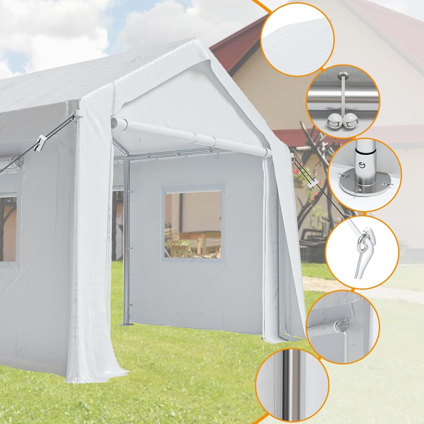 12x20ft Heavy Duty Carport Outdoor Canopy Portable Garage with 4 Doors & 4 Windows Waterproof UV Resistant Storage Shelter with Removable Sidewalls for Car Truck Boat, White