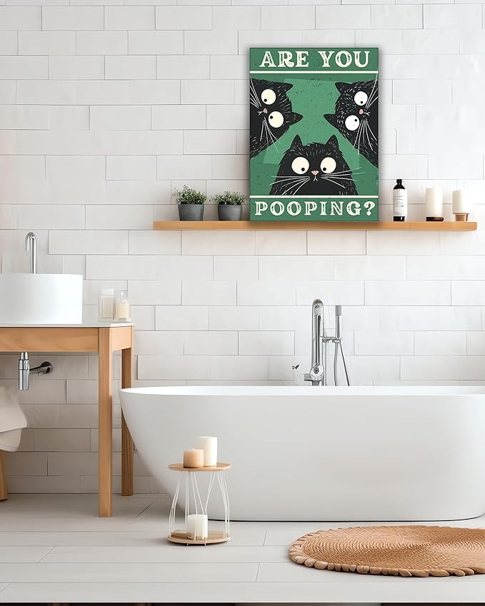 UPWOIGH Bathroom Wall Art Decor, Black Cat Are You Pooping Funny Wall Art, Waterproof Wood Framed Canvas Wall Art Animals Abstract Prints, 12"x16"High-end Pictures for Dormitory Kids Room 1 Pack