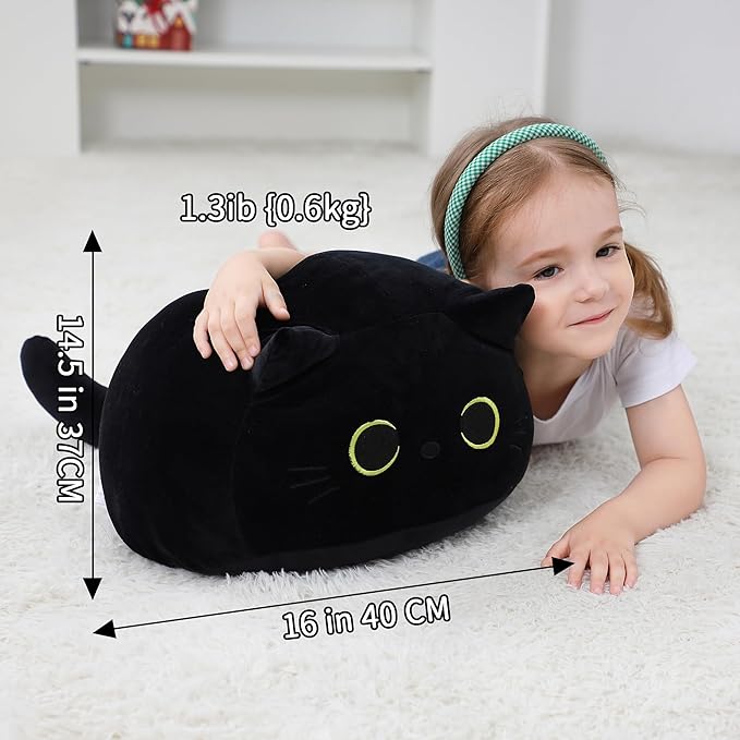 Black Cat Plush Toy 16'' Black Cat Pillow, Soft Plush Doll Black Cat Stuffed Animal, 3D Black Cat Plushies Pillow Baby Cute Plush Toys Shape Cat Design Sofa Fat Pillow Gifts for Boys Girls