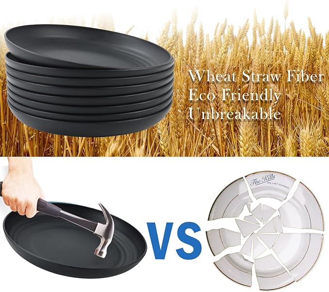 Wheat Straw Dinner Plates - Set of 8, Unbreakable & Microwave/Dishwasher Safe, Black