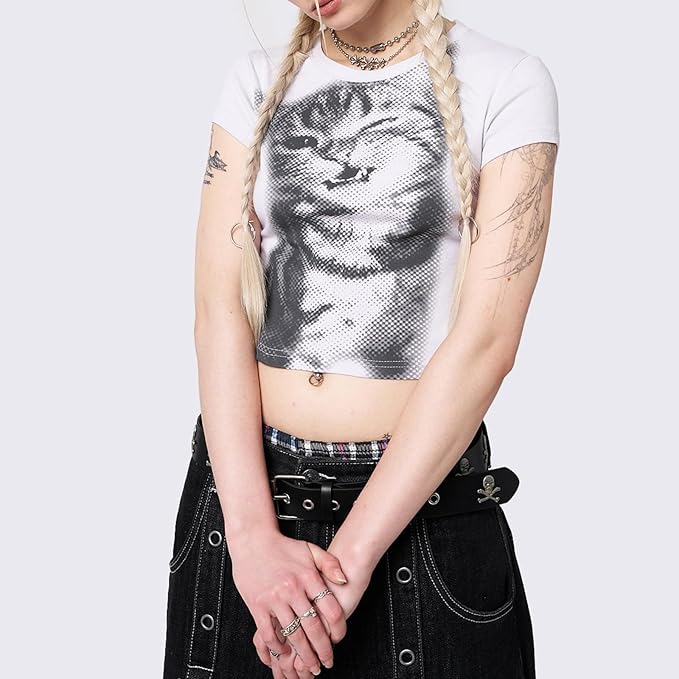 Y2k Graphic Baby Tees for Women Funny Kitten Shirt Tops Aesthetic Fairy Grunge Crop Top 90s 2000s Vintage Clothing