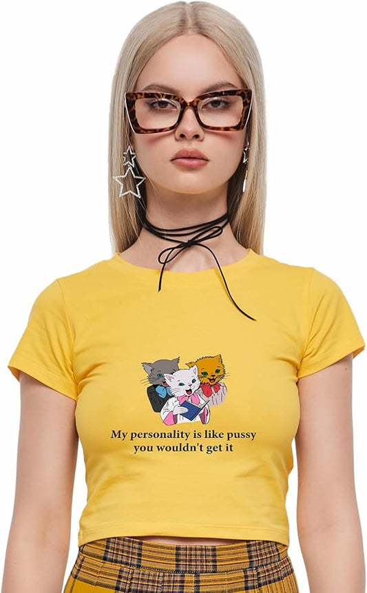 Y2K Graphic Tees for Women - Personality Like Cat Funny Short Sleeve Crew Neck Crop Tops Going Out Top T-Shirt