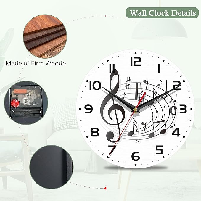Wall Clocks,Music Notes Wall Clock Decorative,Black Kitchen Wall Clocks Battery Operated - 10 Inch Round Bathroom Wall Clock Silent Non-Ticking